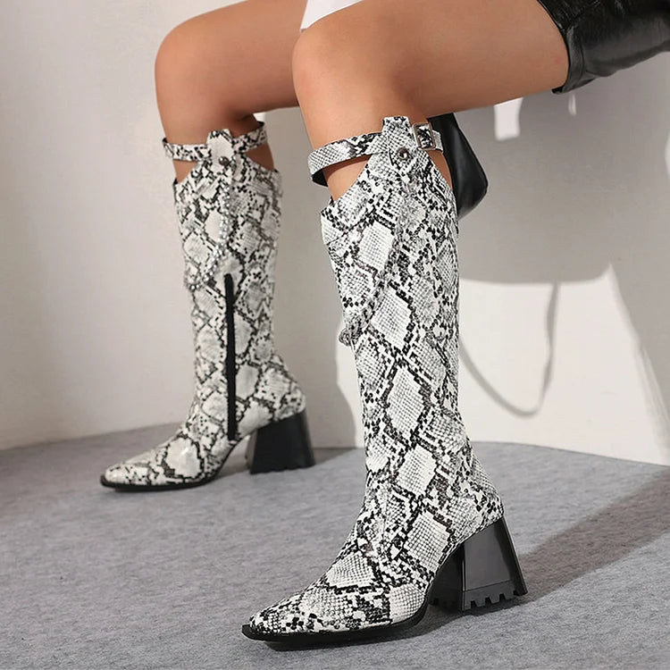 Chain Strap Buckle Decor Crocodile Print Pointed Toe Knee High Boots