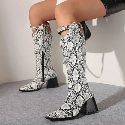 Chain Strap Buckle Decor Crocodile Print Pointed Toe Knee High Boots