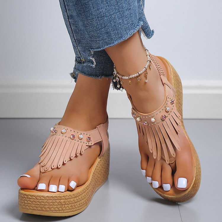 Fringe Trim Rhinestone Pearl Decor Flip Flops Platform Wedge Sandals