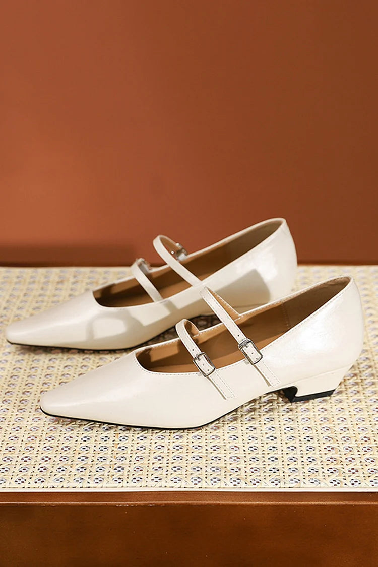 Two Instep Straps Buckles Pointed Toe Solid Color Flats