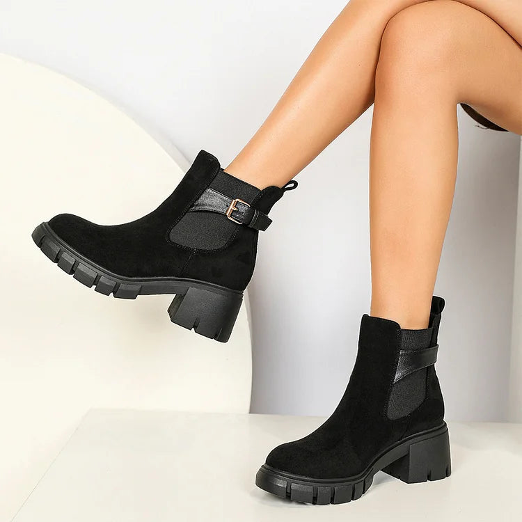 Patchwork Strap Buckle Round Toe Chunky Heel Ankle Boots