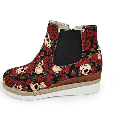 Halloween Roses Skull Print Round Toe Wedge Heel Ankle Boots