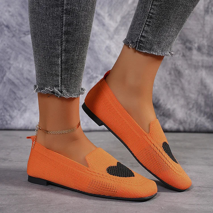 Heart Print Square Toe Knit Breathable Casual Slip Flats