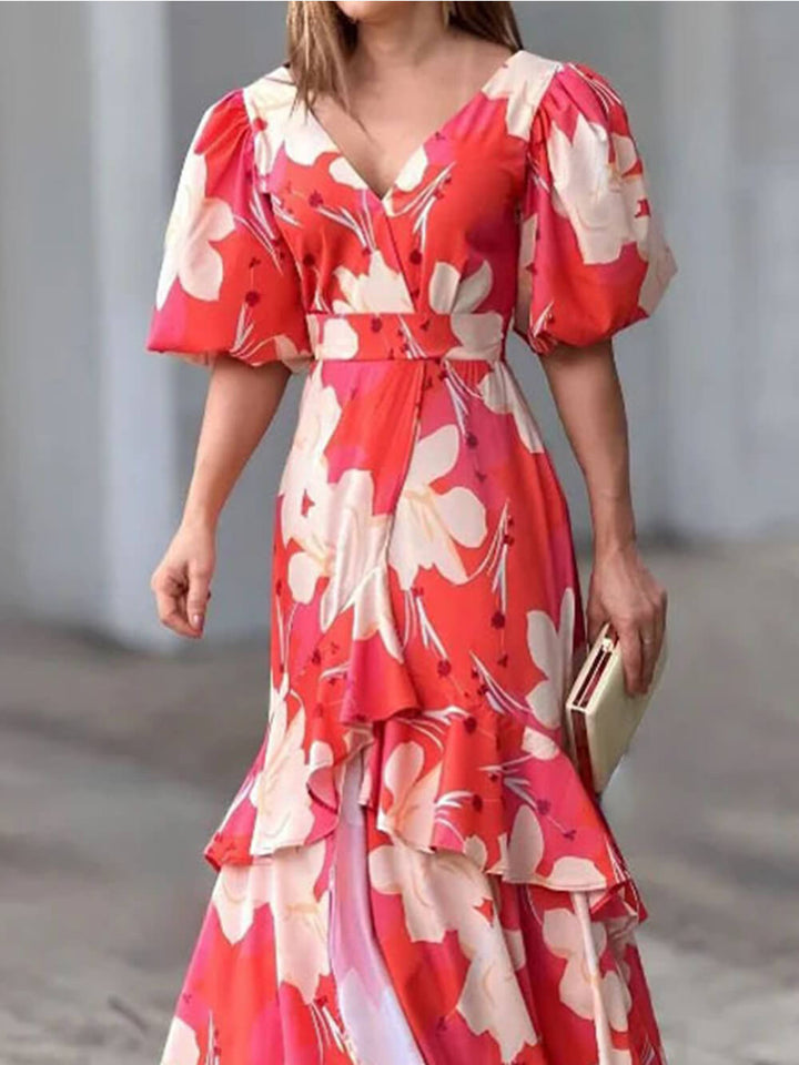 Elegant V-Neck Printed Layered Dress