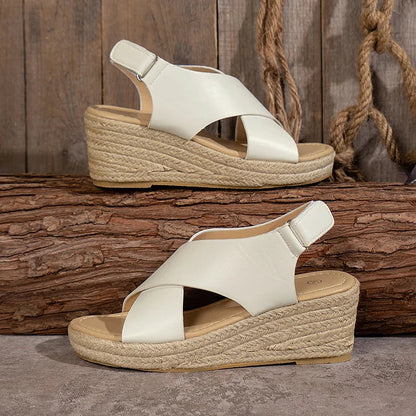 Cross Belt Espadrille Platform Peep Toe Magic Stick Closure Wedge Sandals