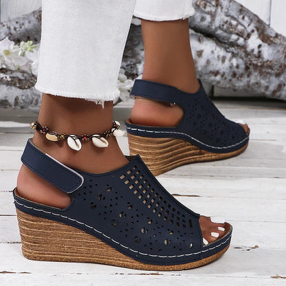 Hollow Out Peep Toe Platform Wedge Magic Stick Closure Sandals