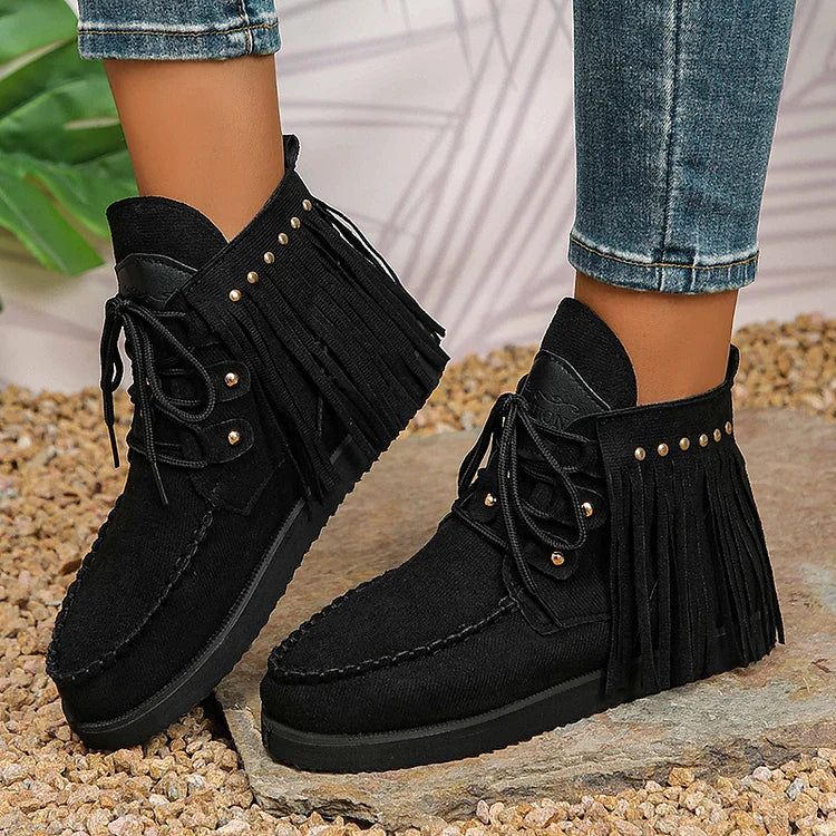 Fringed Trim Round Toe Metal Rivets Lace Up Ankle Boots