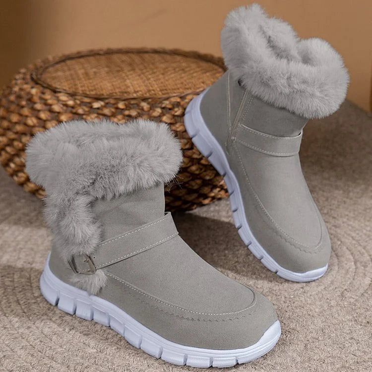 Fluffy Trim Patchwork Strap Buckle Round Toe Snow Boots