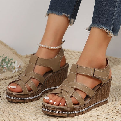 Rhinestone Woven Strap Platform Wedge Peep Toe Magic Stick Closure Sandals