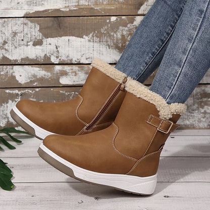 Patchwork Round Toe Strap Buckle Decor Fleece Lined Snow Boots