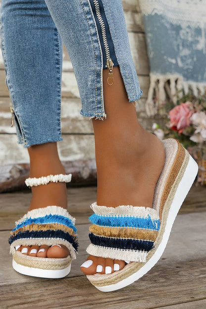 Tassels Trim Striped Espadrille Platform Wedge Outdoor Slippers