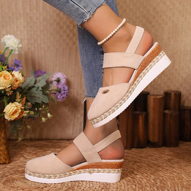 Metal Decor Slingback Strap Closed Toe Plain Espadrille Wedge Sandals