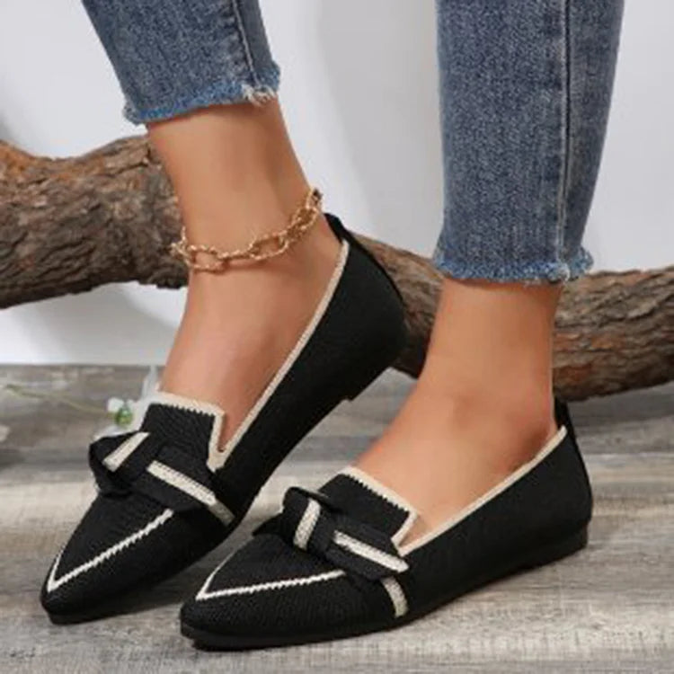 Casual Contrast Color Pointy Toe Bowknot Low-Top Knit Flats