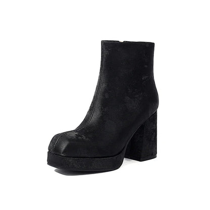 Solid Color Zipper Square Toe Chunky Heel Ankle Boots