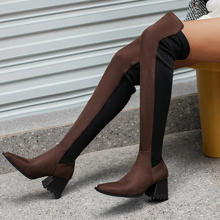 Colorblock Irregular Edge Pointed Toe Chunky Heel Over The Knee Boots