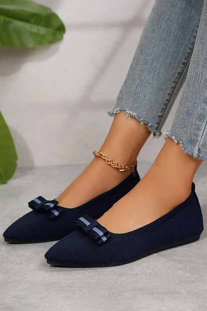 Colorblock Bow Decor Knitted Pointed Toe Slip On Flats