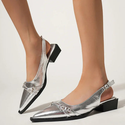 Glossy Pointy Toe Belt Buckles Decor Slingback Strap Flats