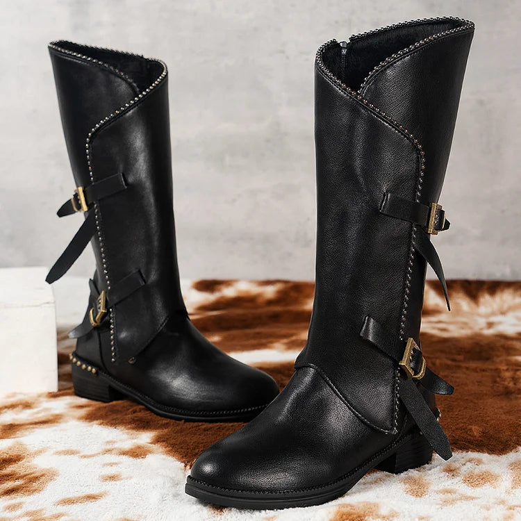 Metallic Studded Patchwork Straps Buckles Round Toe Knee High Boots