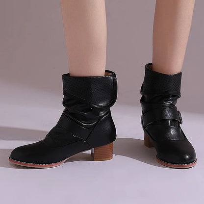 Colorblock Fold Patchwork Strap Buckle Chunky Heel Ankle Boots