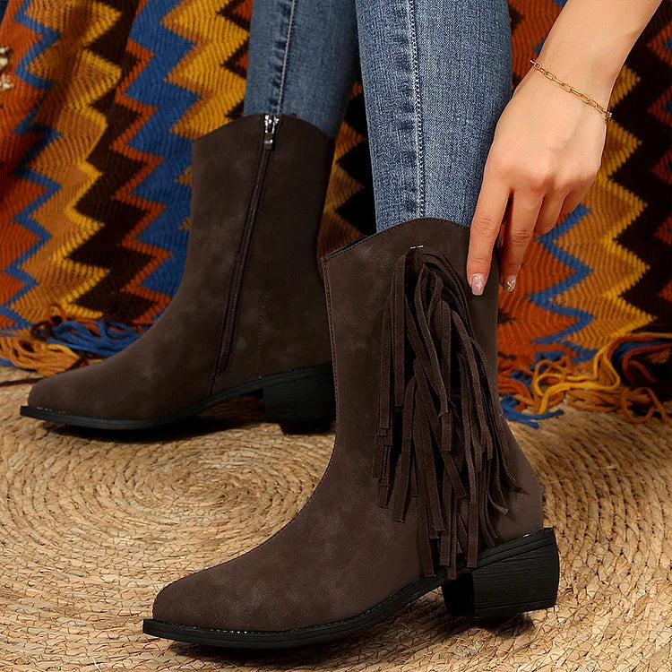 Tassels Decor Solid Color Pointed Toe Chunky Heel Mid Boots