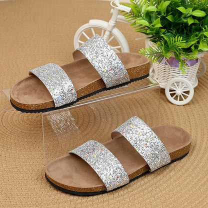 Shimmering Sequin Double Instep Straps Round Toe Soft-Soled Slippers