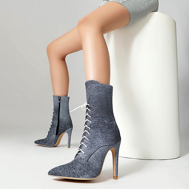 Denim Gradient Color Pointed Toe Stiletto Heel Lace Up Mid Calf Boots