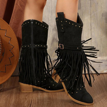 Fringed Trim Metallic Studded Solid Color Chunky Heel Mid Calf Boots