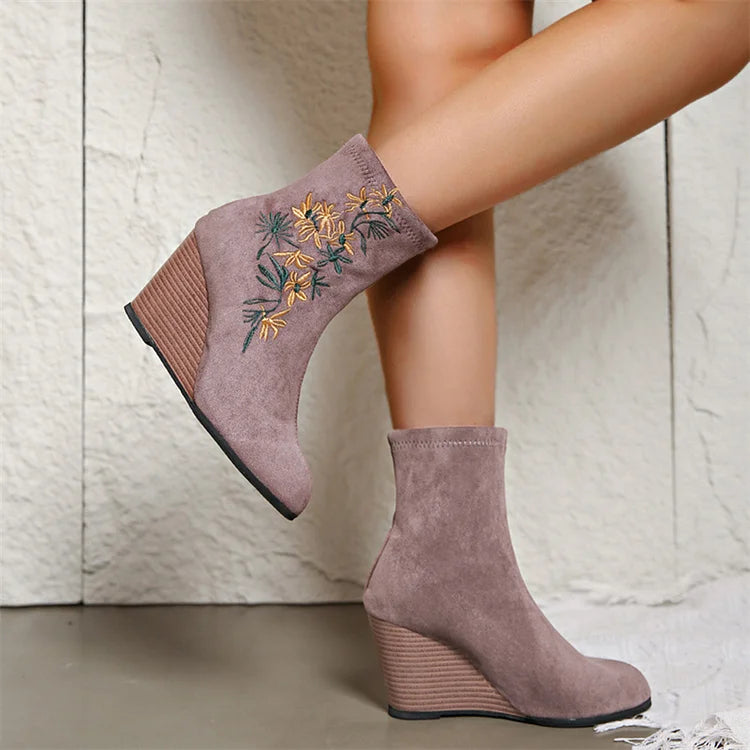 Floral Embroidery Round Toe Wedge Heel Pull On Ankle Boots