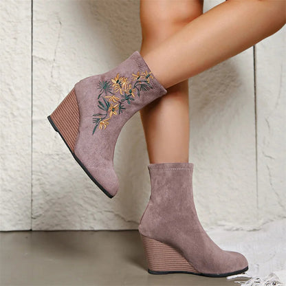 Floral Embroidery Round Toe Wedge Heel Pull On Ankle Boots