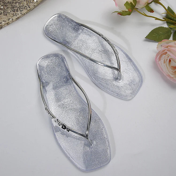 Letter Love Sculpture Sheen Metallic Flip Flops Square Toe Slippers