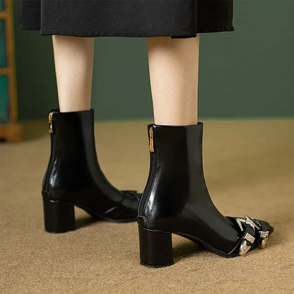 Pointed Toe Two Straps Buckles Decor Chunky Heel Ankle Boots