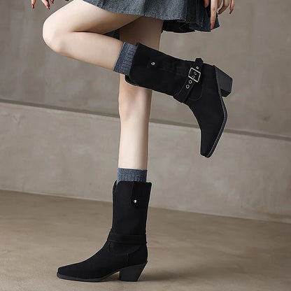 Patchwork Strap Buckle V Cut Square Toe Chunky Heel Mid Boots