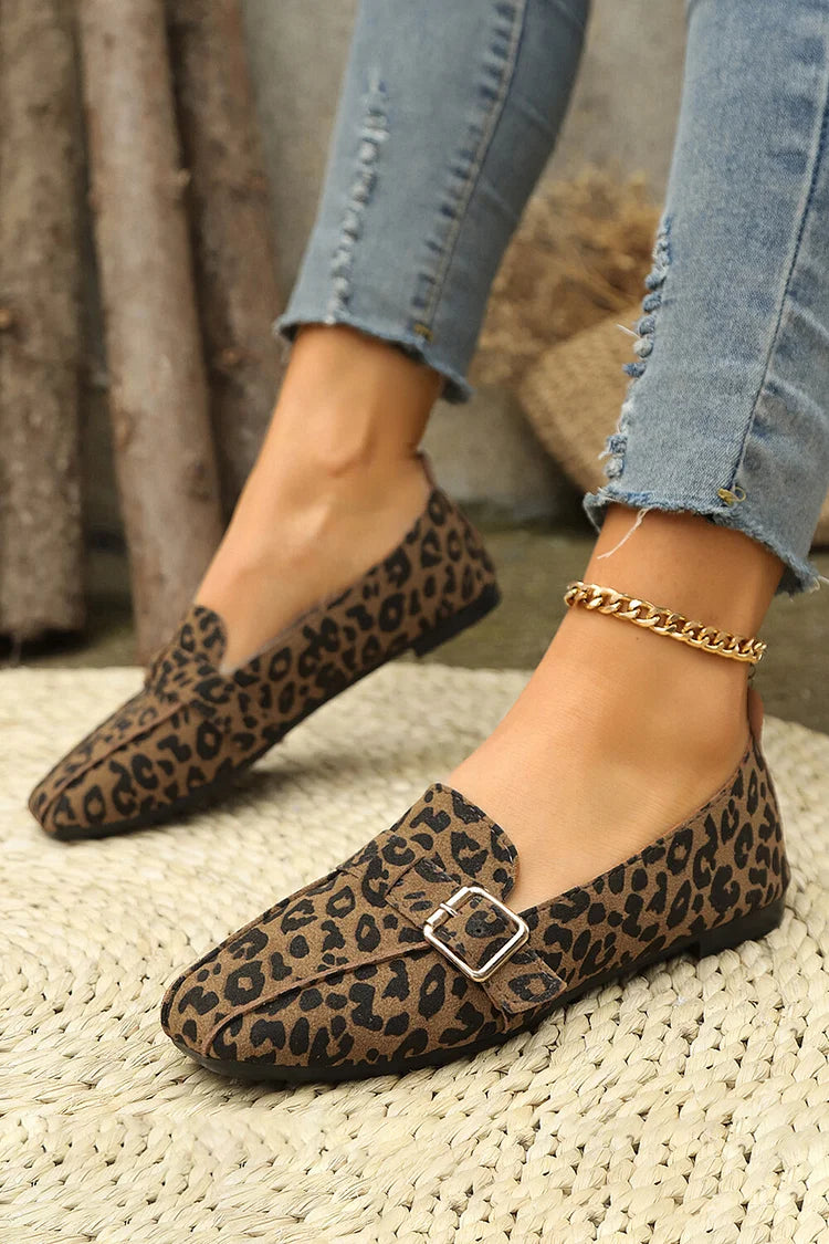 Leopard Print Strap Buckle Decor Square Toe Casual Loafers