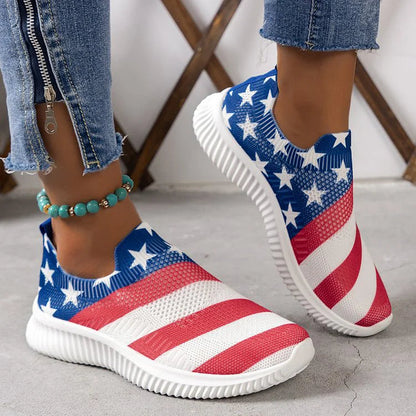 Striped Star Pattern Print Slip On Casual Lightweight Sneakers