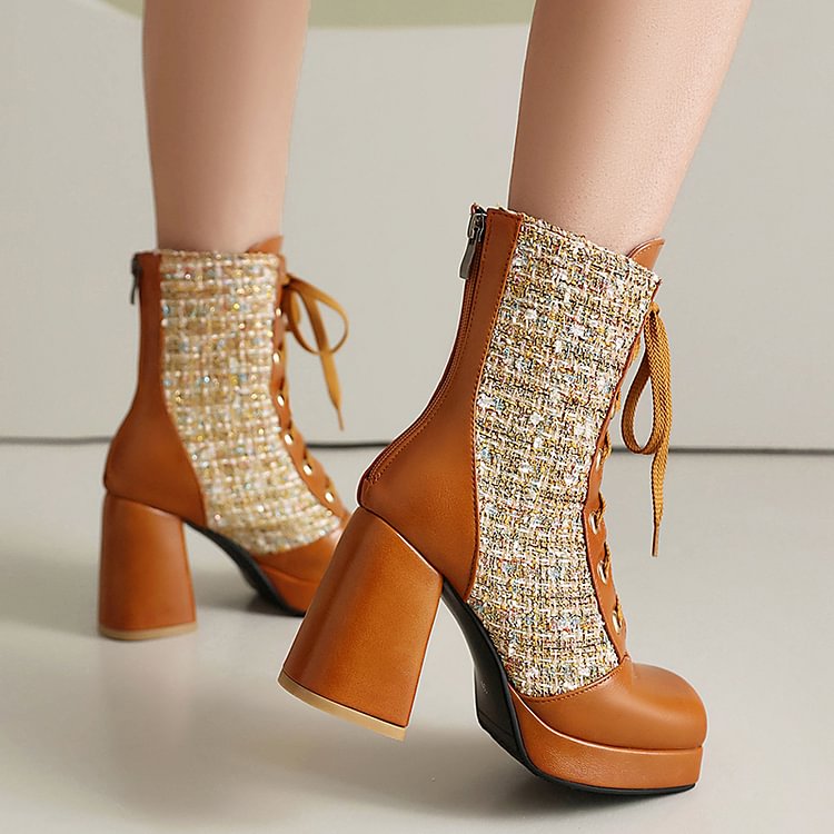 Patchwork Square Toe Chunky Heel Lace Up Mid Calf Boots