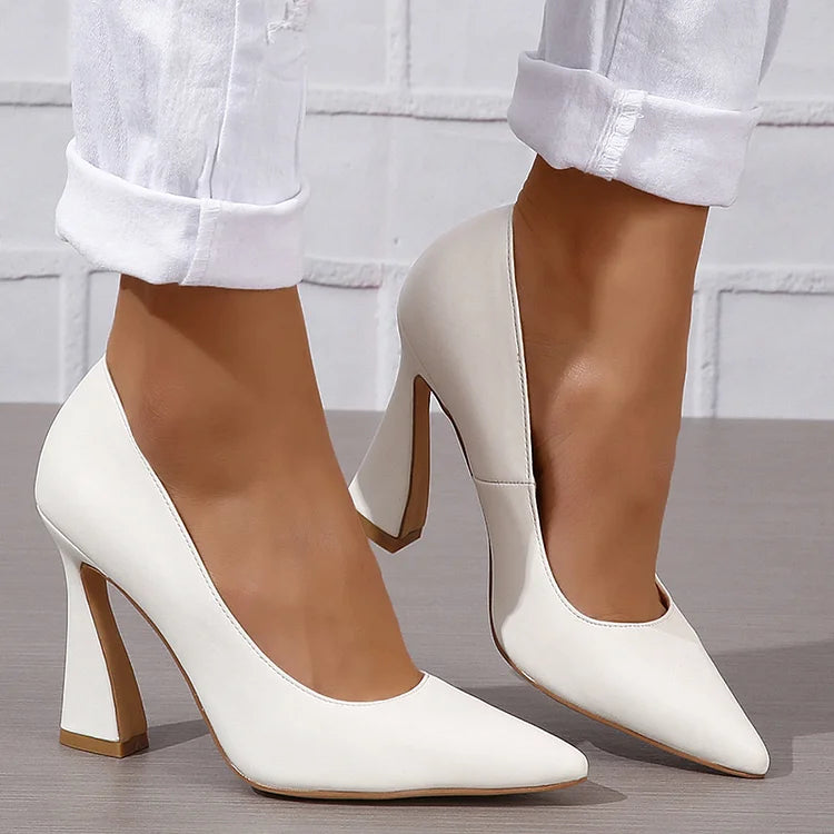 Casual Solid Color Pointy Toe Slip On Chunky Heels