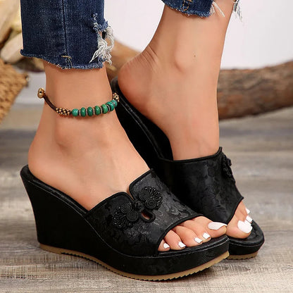 Embroidery Floral Print Platform Muffin Wedge Plain Slippers