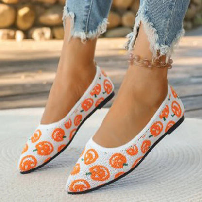 Halloween Horror Pumpkin Pattern Print Pointy Toe Knit Flats