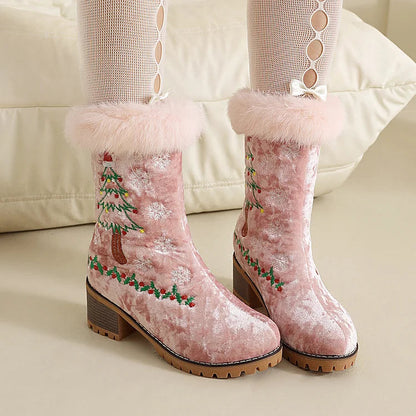 Christmas Tree Embroidery Fluffy Round Toe Chunky Heel Velvet Mid Boots