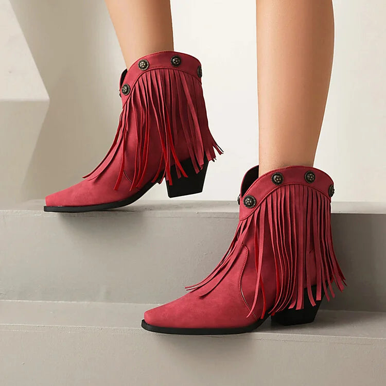 Fringed Trim Metallic Studded Square Toe Chunky Heel Ankle Boots