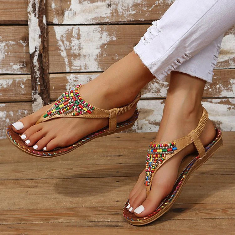 Colourful Beads Seam Decor Elastic Band Flip Flops Sandals