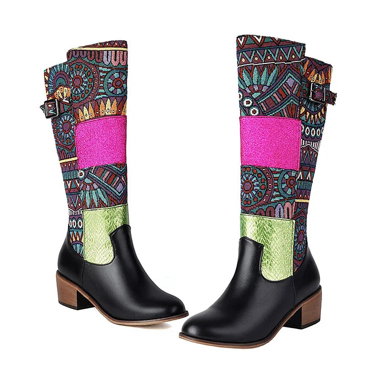 Colorblock Patchwork Tribal Pattern Round Toe Mid Calf Boots