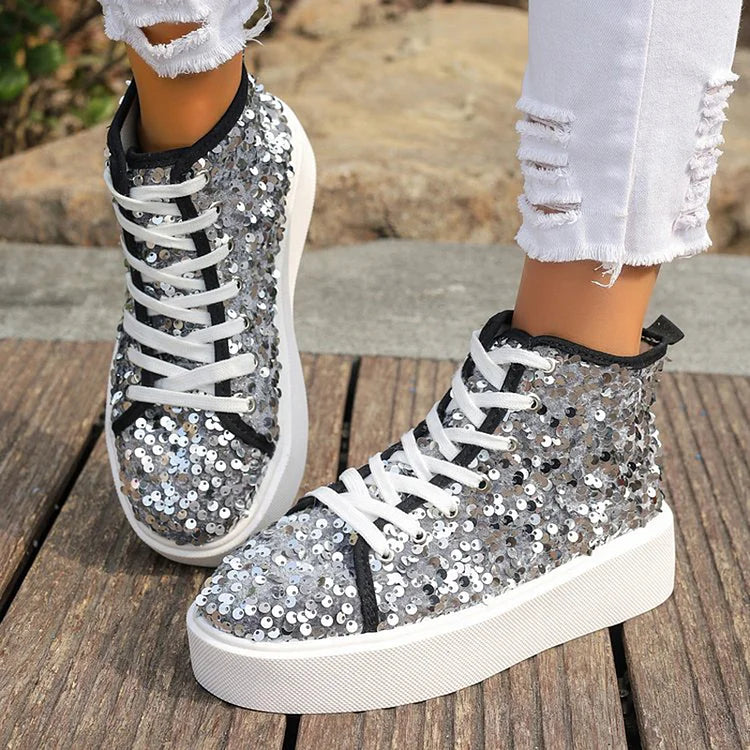 Sequins Decor Round Toe Lace Up Casual High Top Sneakers