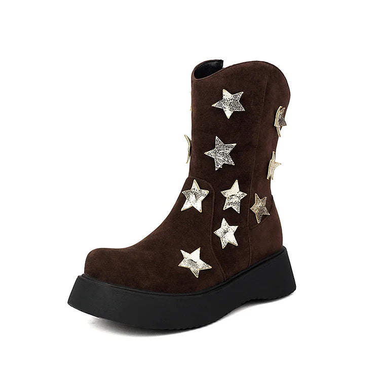 Star Shaped Patchwork Zipper Round Toe Low Platform Ankle Boots