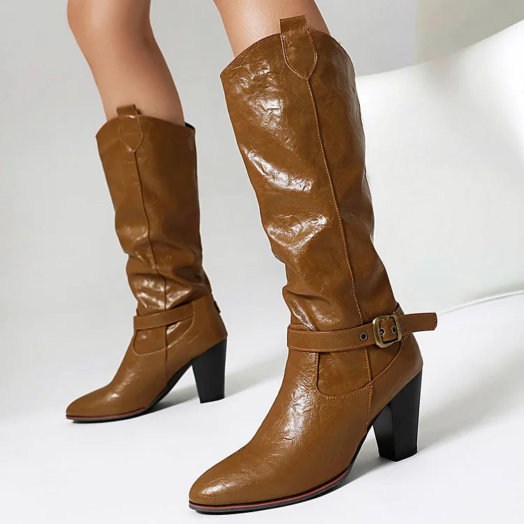 Pointed Toe Chunky Heel Strap Buckle Decor Solid Color Mid Calf Boots