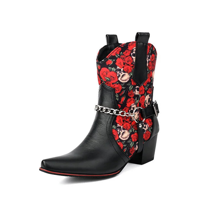 Floral Print Patchwork Chain Decor Pointed Toe Chunky Heel Ankle Boots