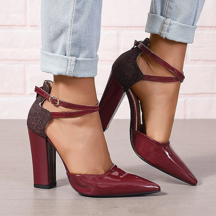 Glitter Patchwork Pointy Toe Cross Ankle Strap Buckle Chunky Heels