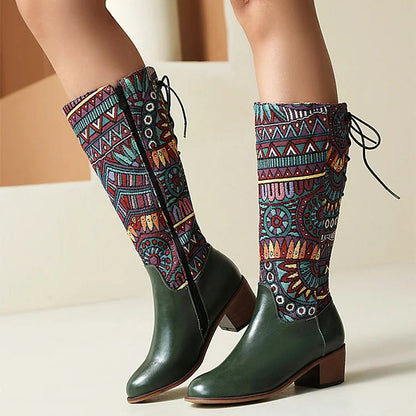 Multicolor Tribal Pattern Patchwork Lace Up Mid Calf Boots