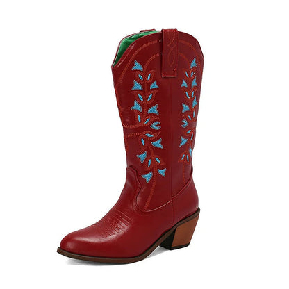 Colorblock Embroidery Patchwork Pointed Toe Chunky Heel Western Boots