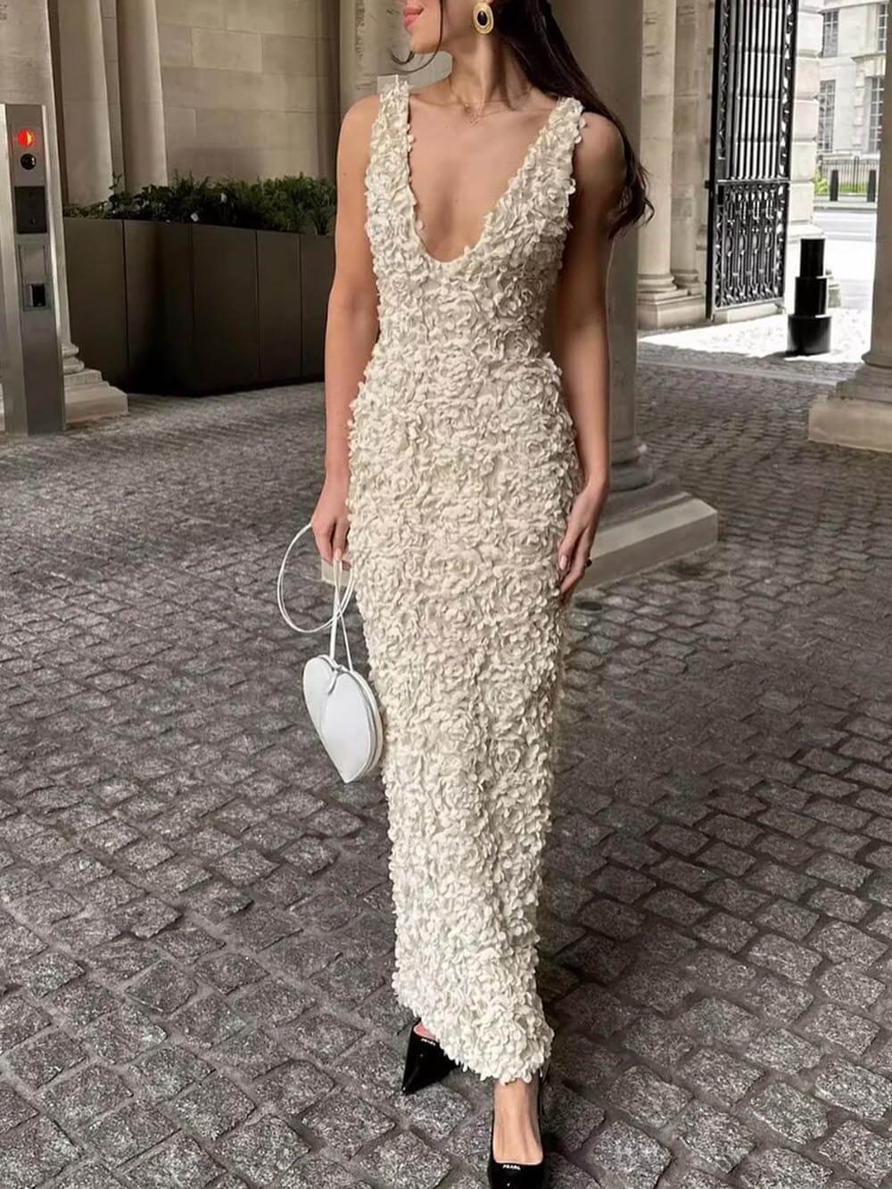 Elegant Floral Applique Deep V Neck Gown Dress